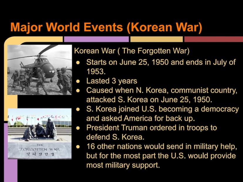 The 1950's
By: Yara H., Micheline G., and
Sheila C. Major World Events (Korean War)
Korean War (The Forgotten War)
Starts on June 25, 1950 a