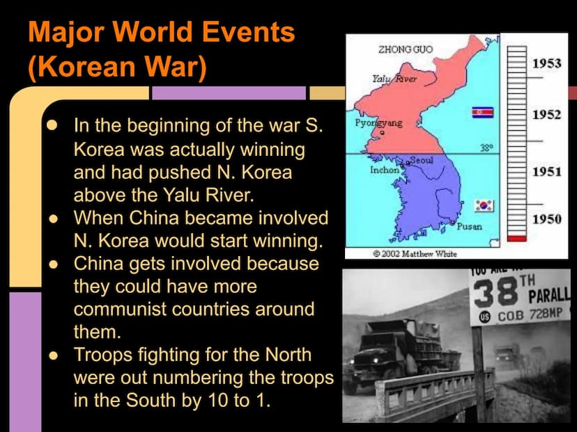 The 1950's
By: Yara H., Micheline G., and
Sheila C. Major World Events (Korean War)
Korean War (The Forgotten War)
Starts on June 25, 1950 a