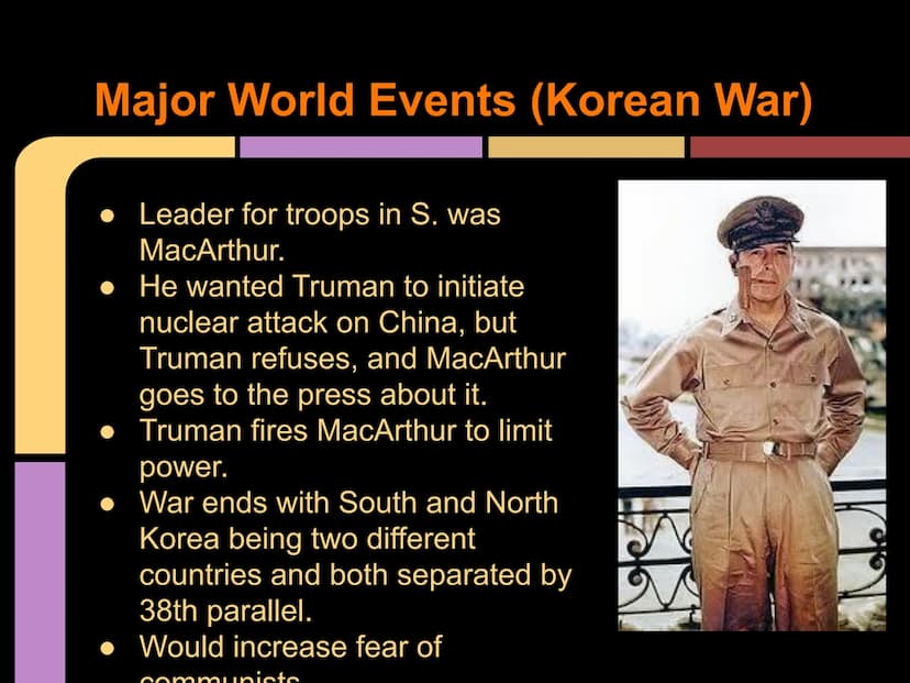 The 1950's
By: Yara H., Micheline G., and
Sheila C. Major World Events (Korean War)
Korean War (The Forgotten War)
Starts on June 25, 1950 a