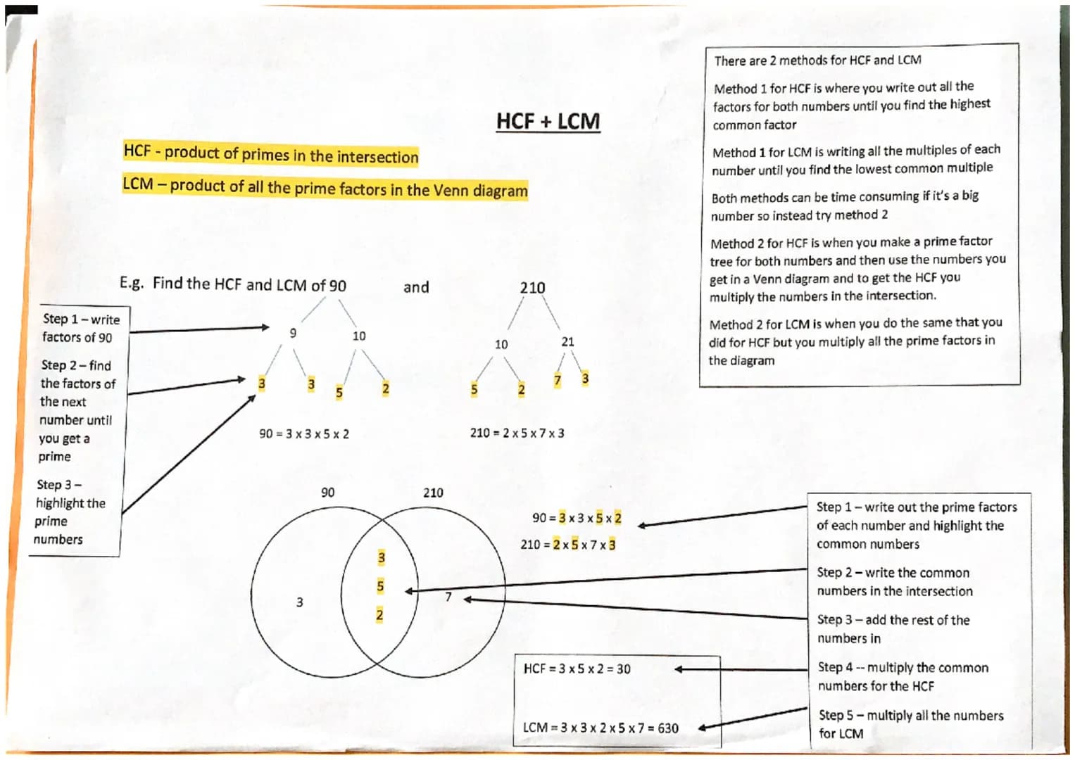 Step 1 - write
factors of 90
Step 2 - find
the factors of
the next
number until
you get a
prime
Step 3 -
highlight the
prime
numbers
HCF - p