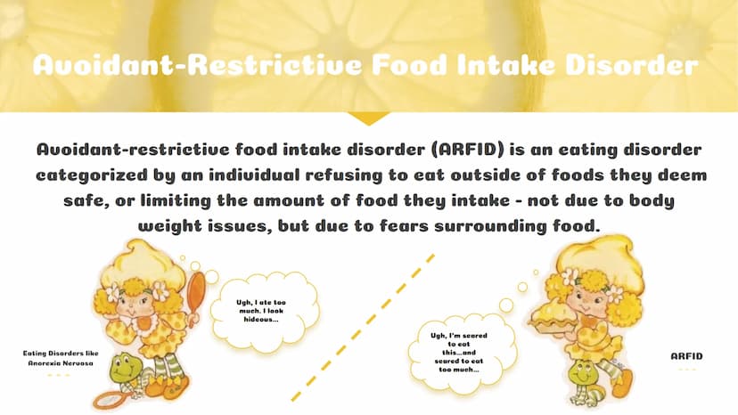 A Picky Eater"
Andrea Table of
Contents
Learning About ARFID
How It Has Affected My Life
What is ARFID?
What causes it?
What are warning sig