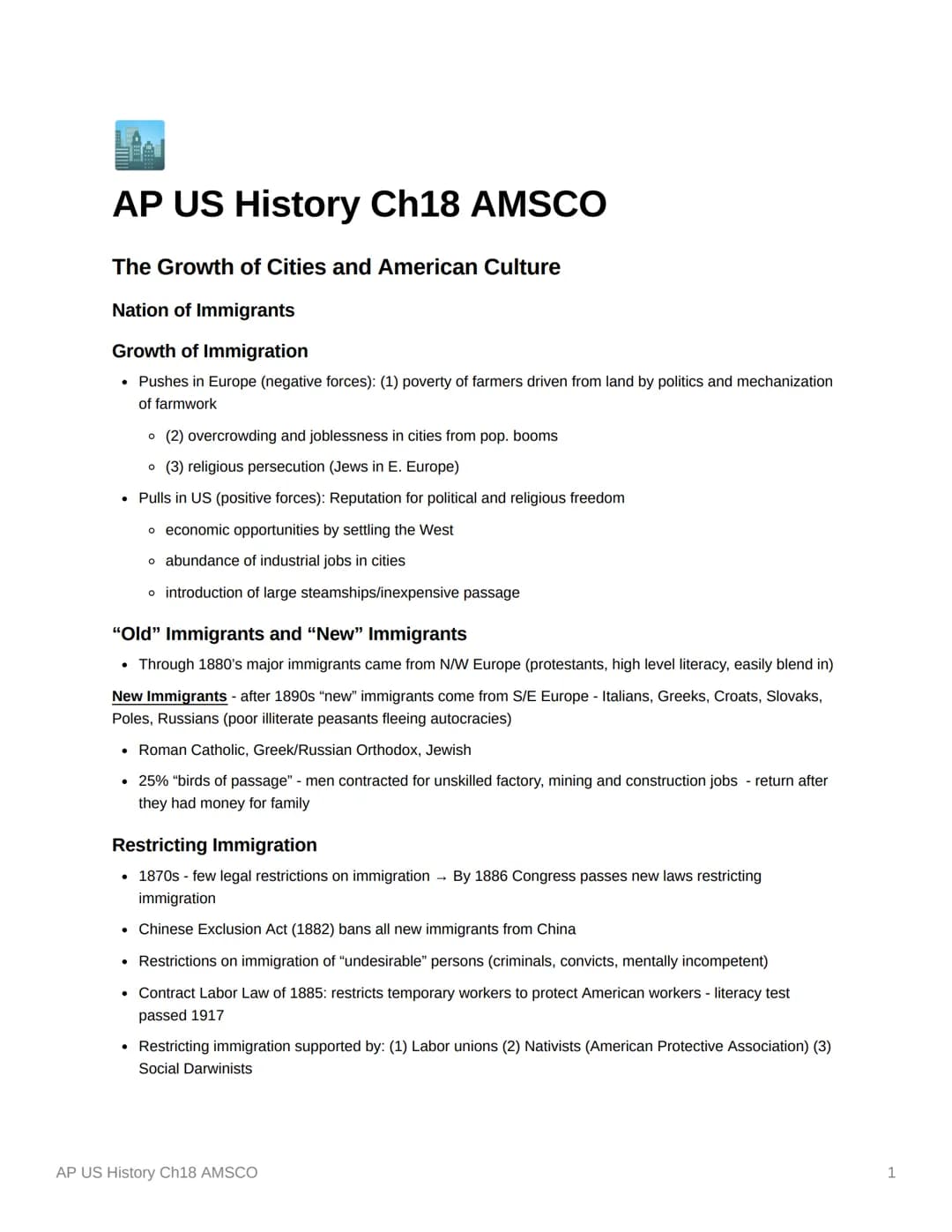 AP US History Ch18 AMSCO
The Growth of Cities and American Culture
Nation of Immigrants
Growth of Immigration
• Pushes in Europe (negative f