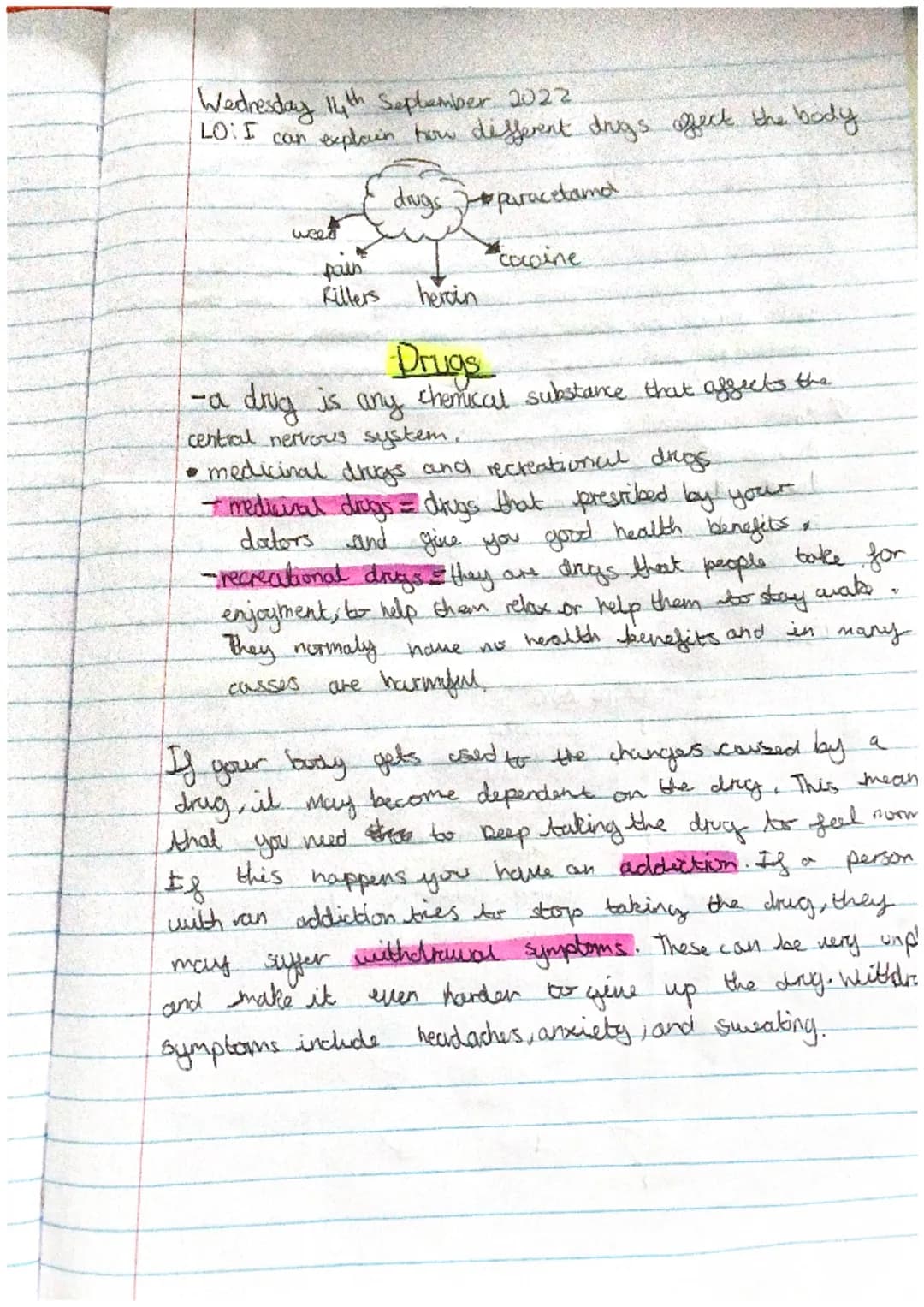 Wednesday 14th September 2022
LOVI
can explain how different drugs affect the body.
drugs paracdand
cocoine
weed
pain
Killers heroin
Drugs
-