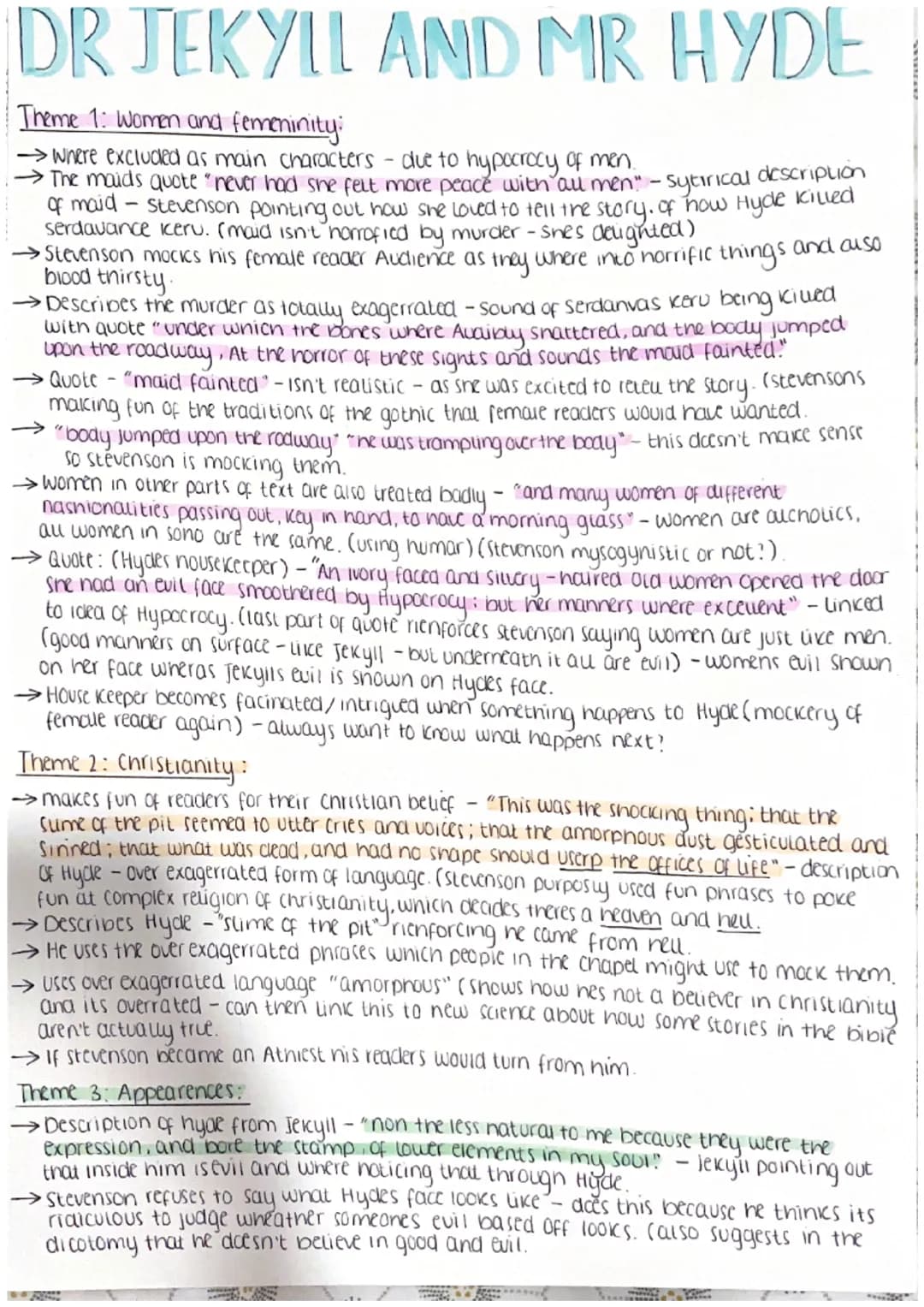 DR JEKYLL AND MR HYDE
Theme 1: Women and femeninity:
→where excluded as main characters - due to hypocrocy of men.
→ The maids quote "never 