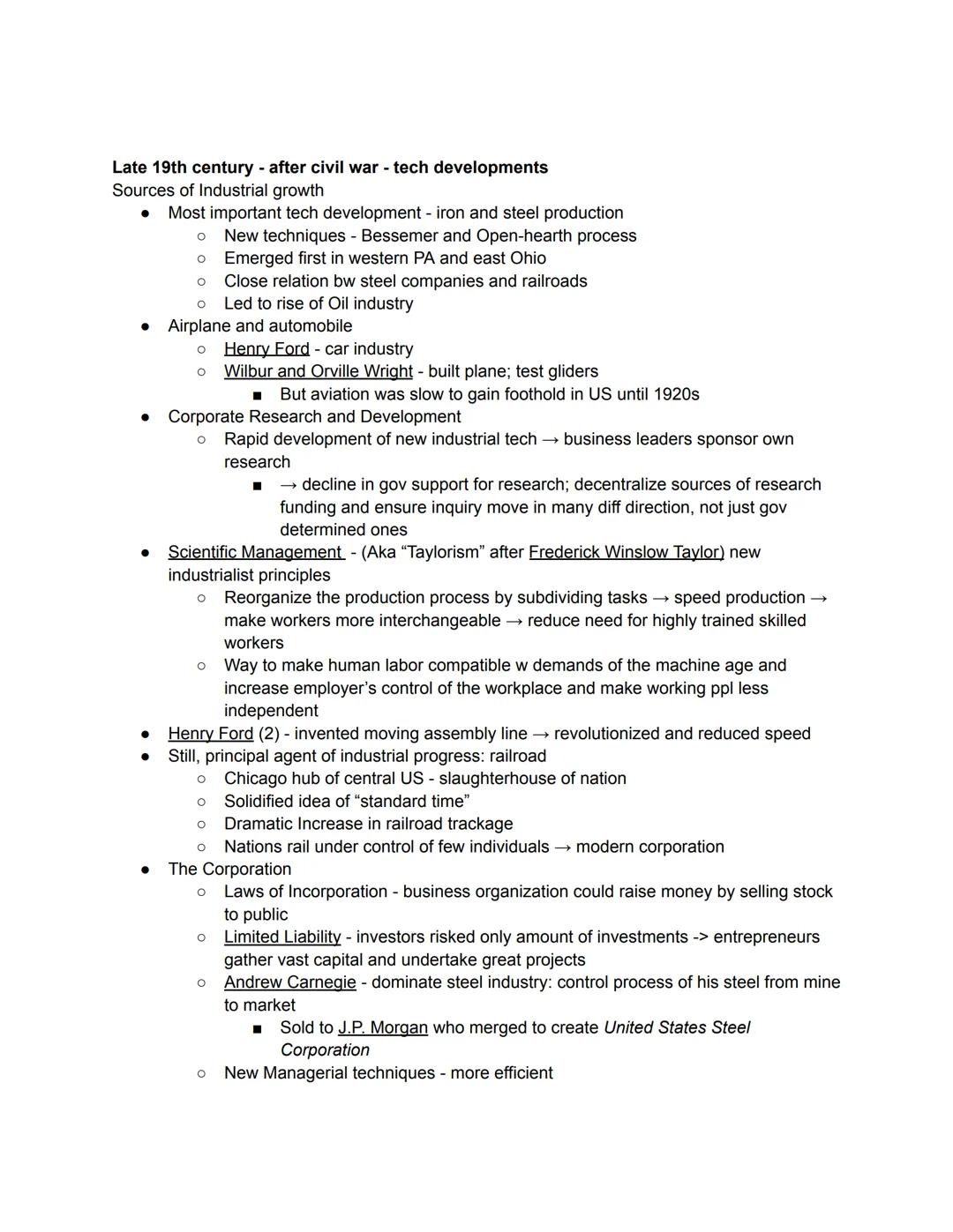 Late 19th century - after civil war - tech developments
Sources of Industrial growth
● Most important tech development - iron and steel prod