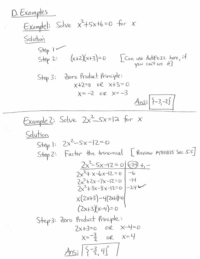 1.SA Review of Quadratic Equations and Zero Product Principle
A. Definition of a Quadratic Equation
A quadratic equation is an
Note: We requ