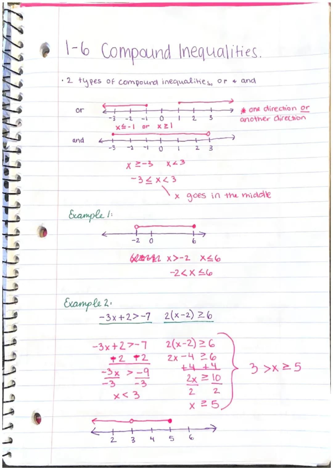 J I I I I J J J J 2
e
1-6 Compound Inequalities.
• 2 types of compound inequalities, or & and
or
and
← +
-3 -2
x=-1 Dr x21
-3 -2 "1
Example 