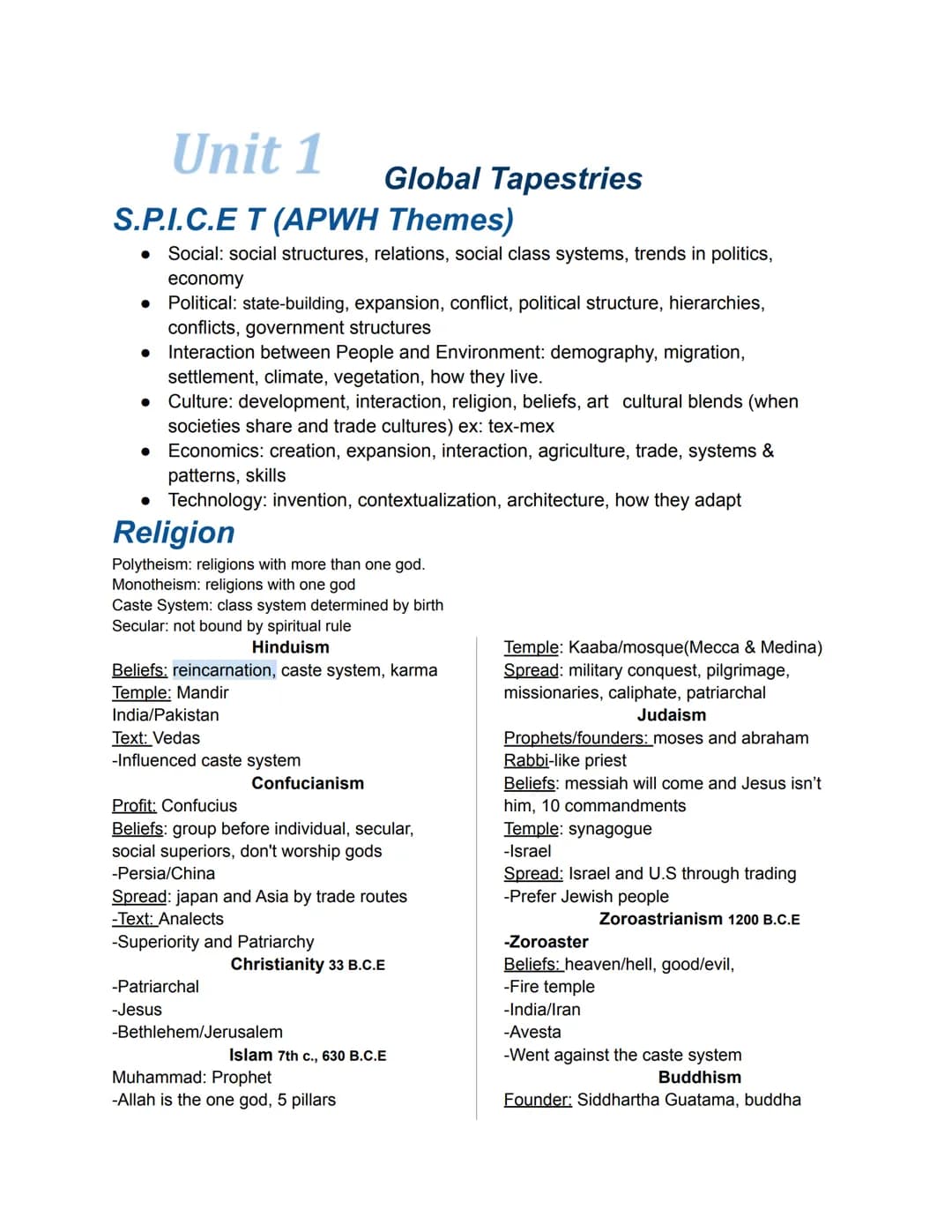Unit 1
S.P.I.C.E T (APWH Themes)
● Social: social structures, relations, social class systems, trends in politics,
economy
Political: state-