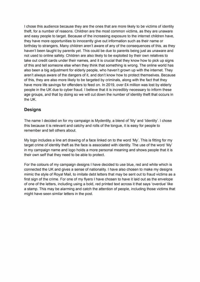 TASK 6
AC 3.1
Plan:
Mydentity
My campaign will be focused on identity theft, which is a technological crime. My aims will
be; to encourage p