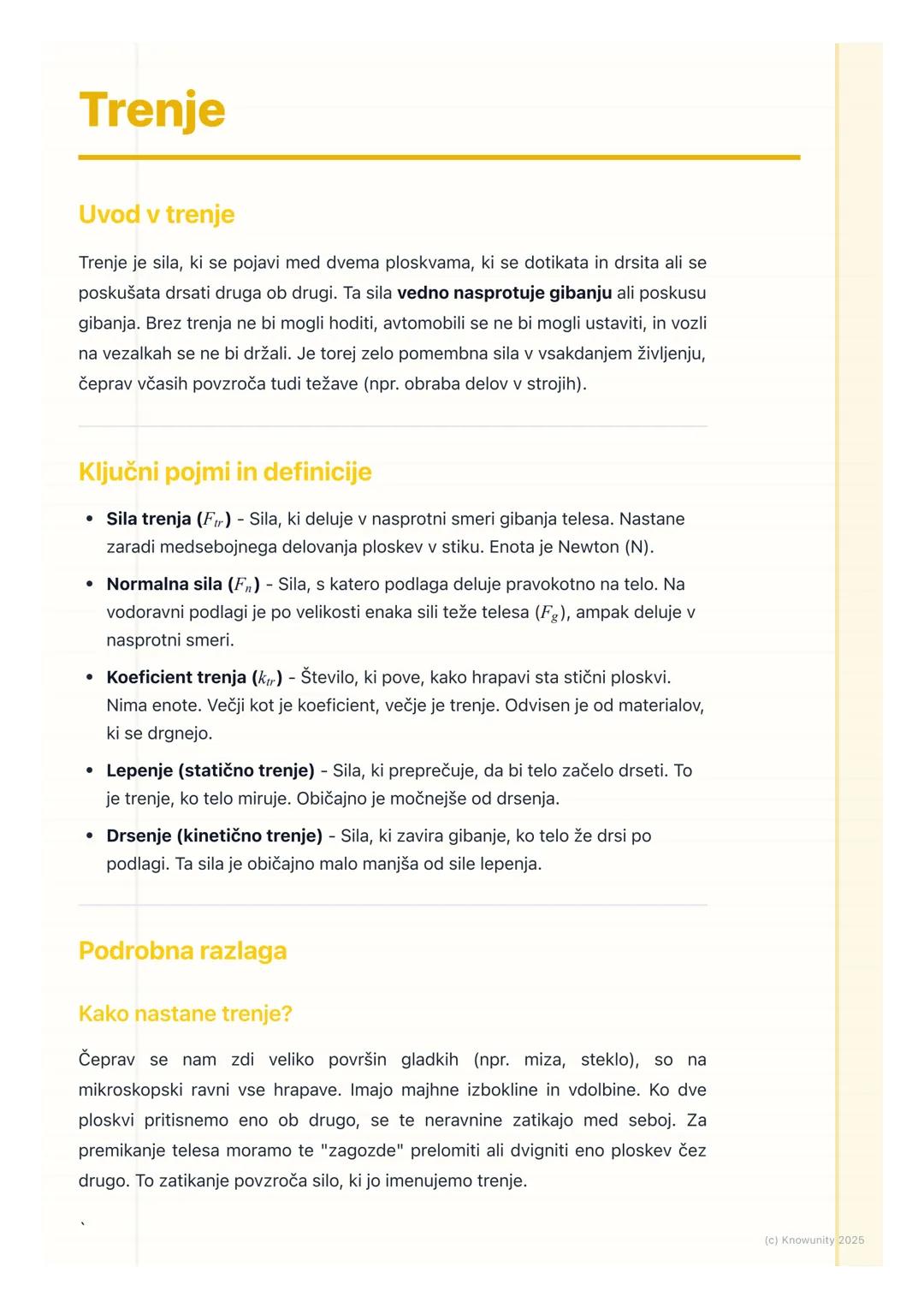 # Trenje

Uvod v trenje

Trenje je sila, ki se pojavi med dvema ploskvama, ki se dotikata in drsita ali se
poskušata drsati druga ob drugi. 