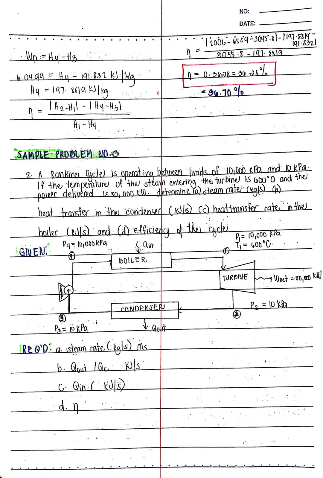 SAMPLE PROBLEM I
1. Compute the thermal efficiency of an ideal Rankine cycle
for which steam leaves the boiler as superheated yapar
at
6 MPa
