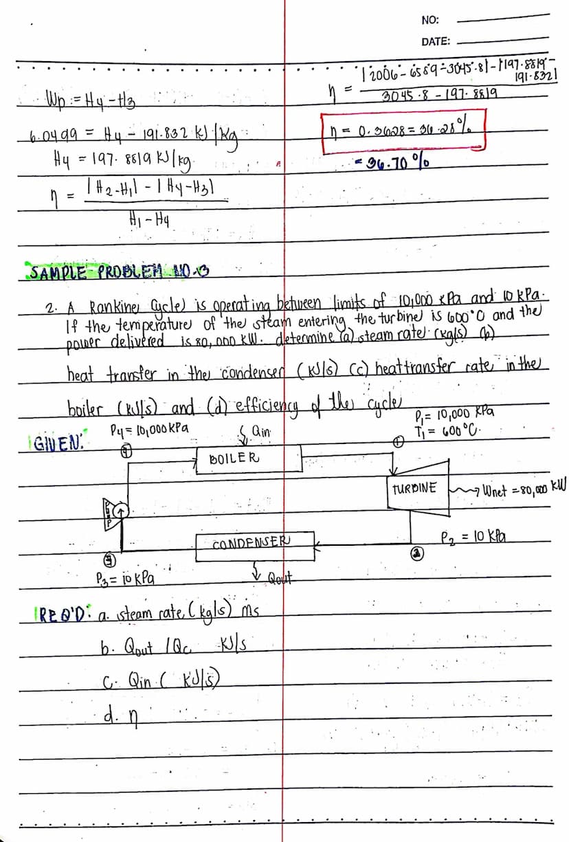 SAMPLE PROBLEM I
1. Compute the thermal efficiency of an ideal Rankine cycle
for which steam leaves the boiler as superheated yapar
at
6 MPa