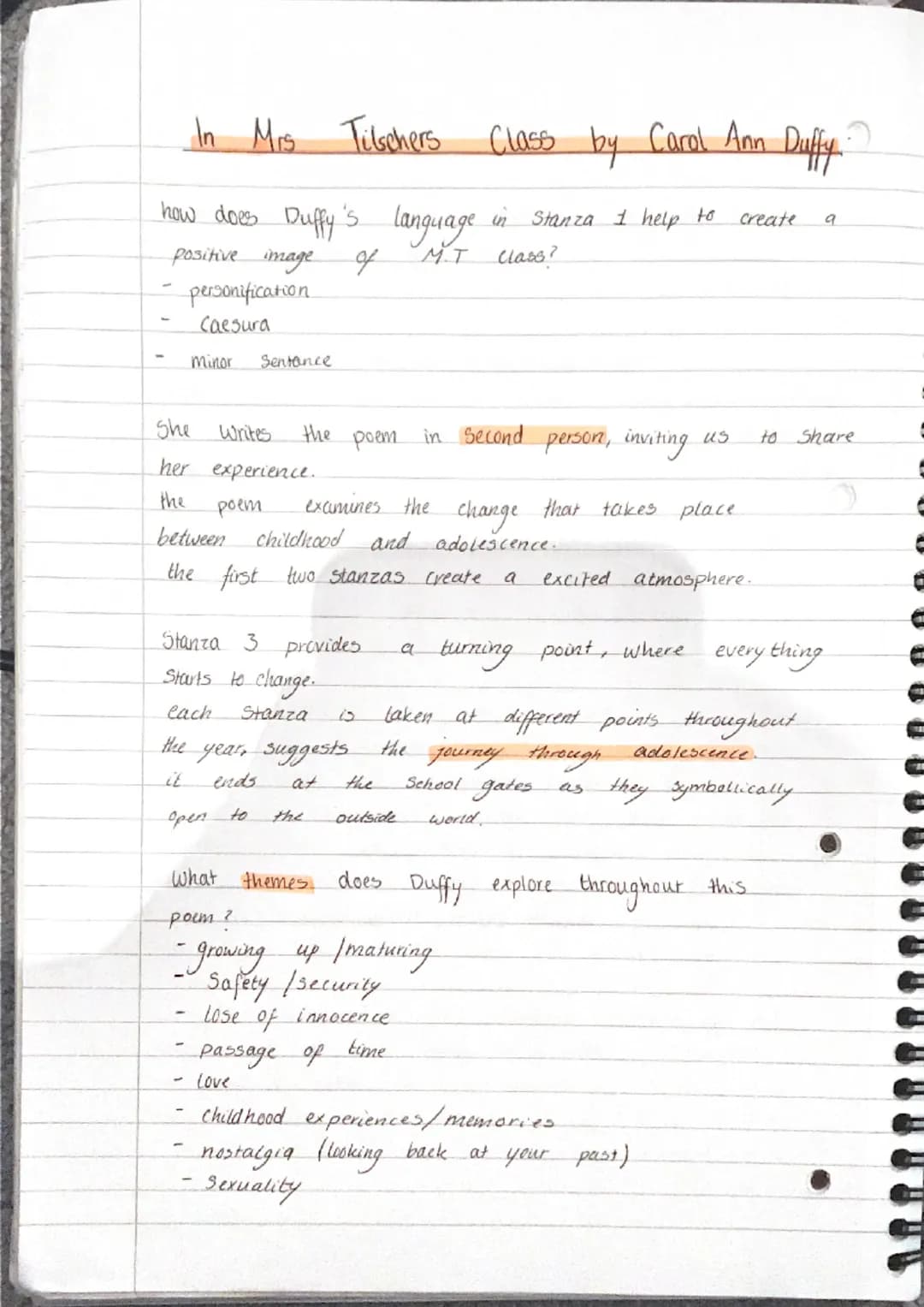 Tilschers
how does Duffy's language in Stanza 1 help to
positive image
of
"M. T class?
In Mrs.
personification
Caesura
minor Sentance
She wr