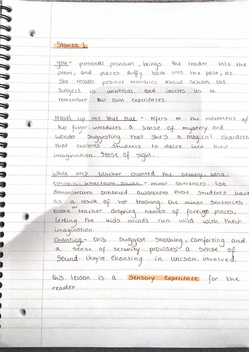 Tilschers
how does Duffy's language in Stanza 1 help to
positive image
of
"M. T class?
In Mrs.
personification
Caesura
minor Sentance
She wr