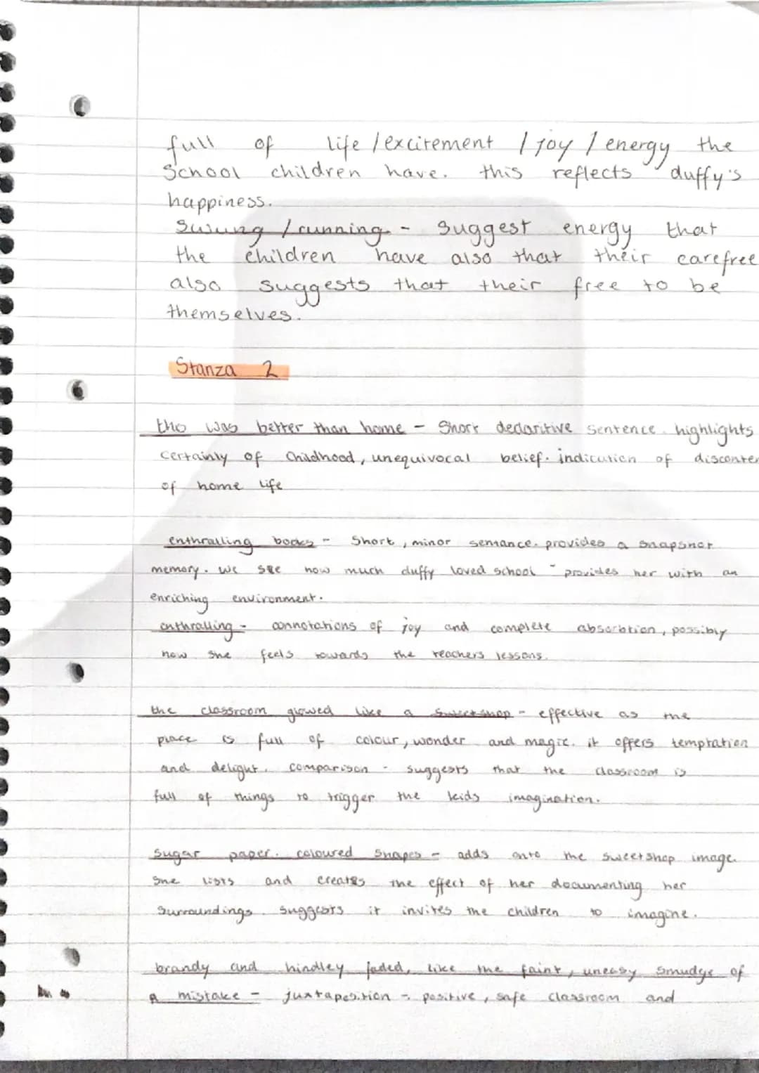 Tilschers
how does Duffy's language in Stanza 1 help to
positive image
of
"M. T class?
In Mrs.
personification
Caesura
minor Sentance
She wr