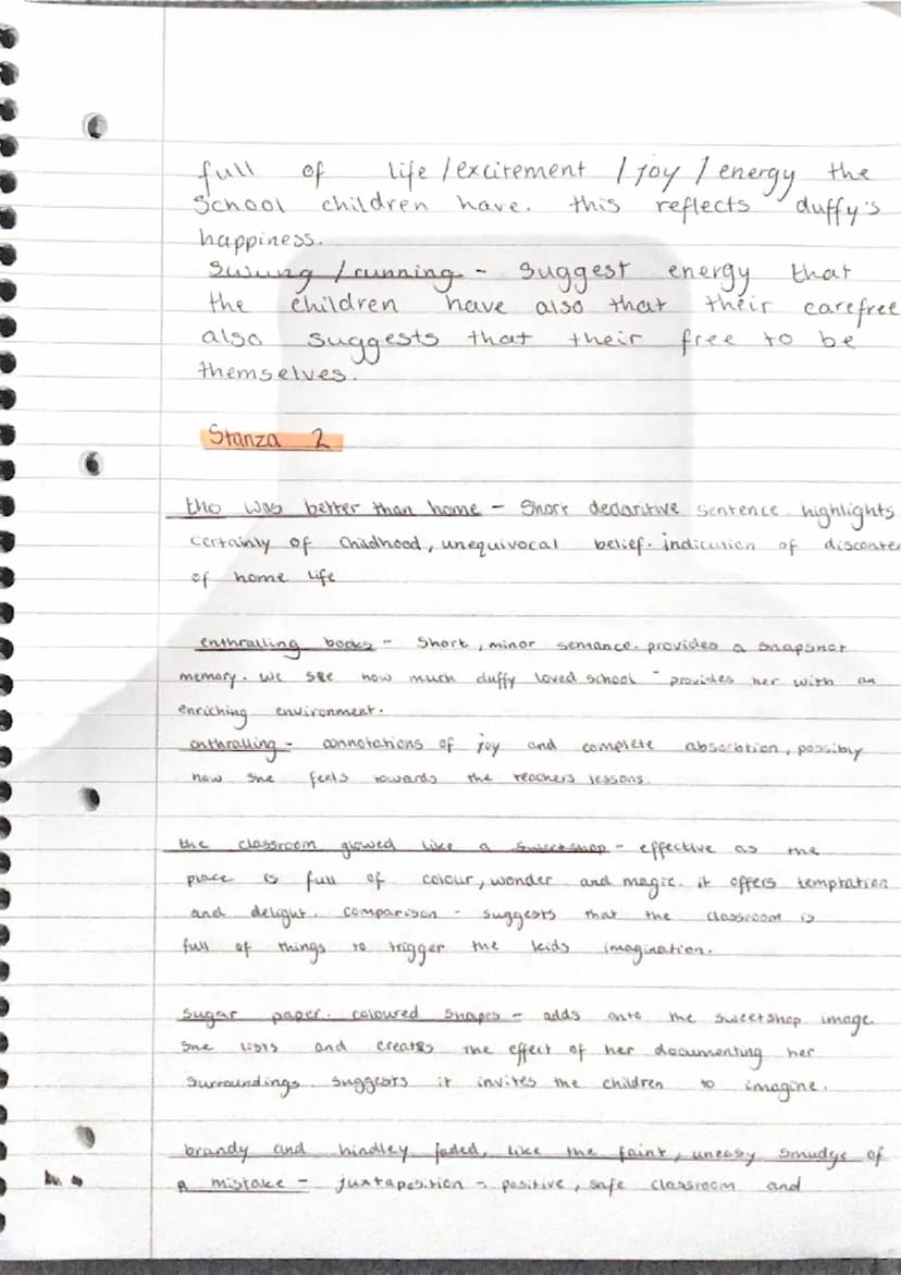 Tilschers
how does Duffy's language in Stanza 1 help to
positive image
of
"M. T class?
In Mrs.
personification
Caesura
minor Sentance
She wr