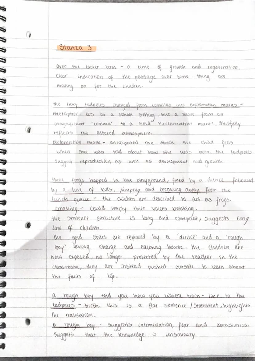 Tilschers
how does Duffy's language in Stanza 1 help to
positive image
of
"M. T class?
In Mrs.
personification
Caesura
minor Sentance
She wr