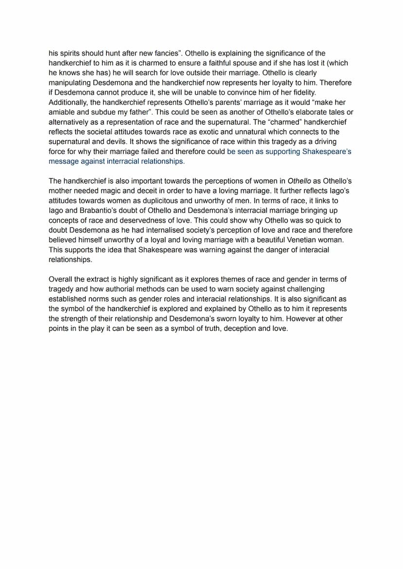 
<p>The extract from Act 3, Scene 4 explores the significance of race, gender, and the supernatural in relation to tragedy. Othello's view o