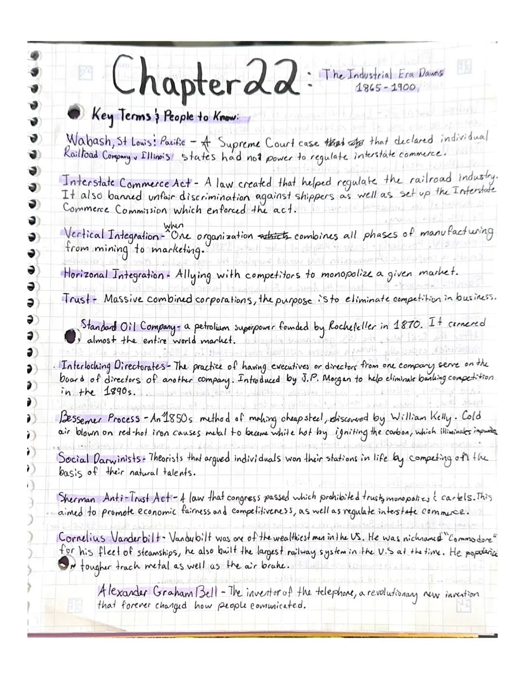 >
Chapter 22:
Key Terms & People to Know:
HELPER
The Industrial Era Dawns
1865-1900
Wabash, St Louis! Pacific - A Supreme Court case that wa