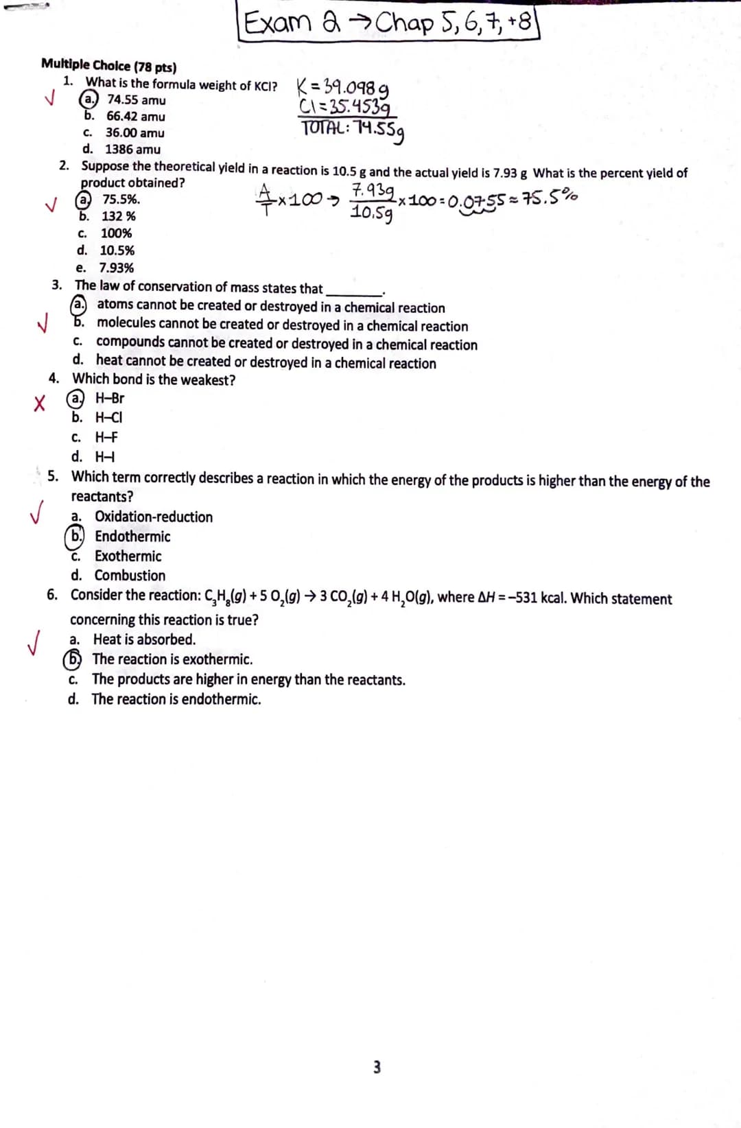 Multiple Choice (78 pts)
1. What is the formula weight of KCI? K = 39.0989
✓
74.55 amu
Cl=35.4539
TOTAL: 14.55g
b.
66.42 amu
c. 36.00 amu
d.