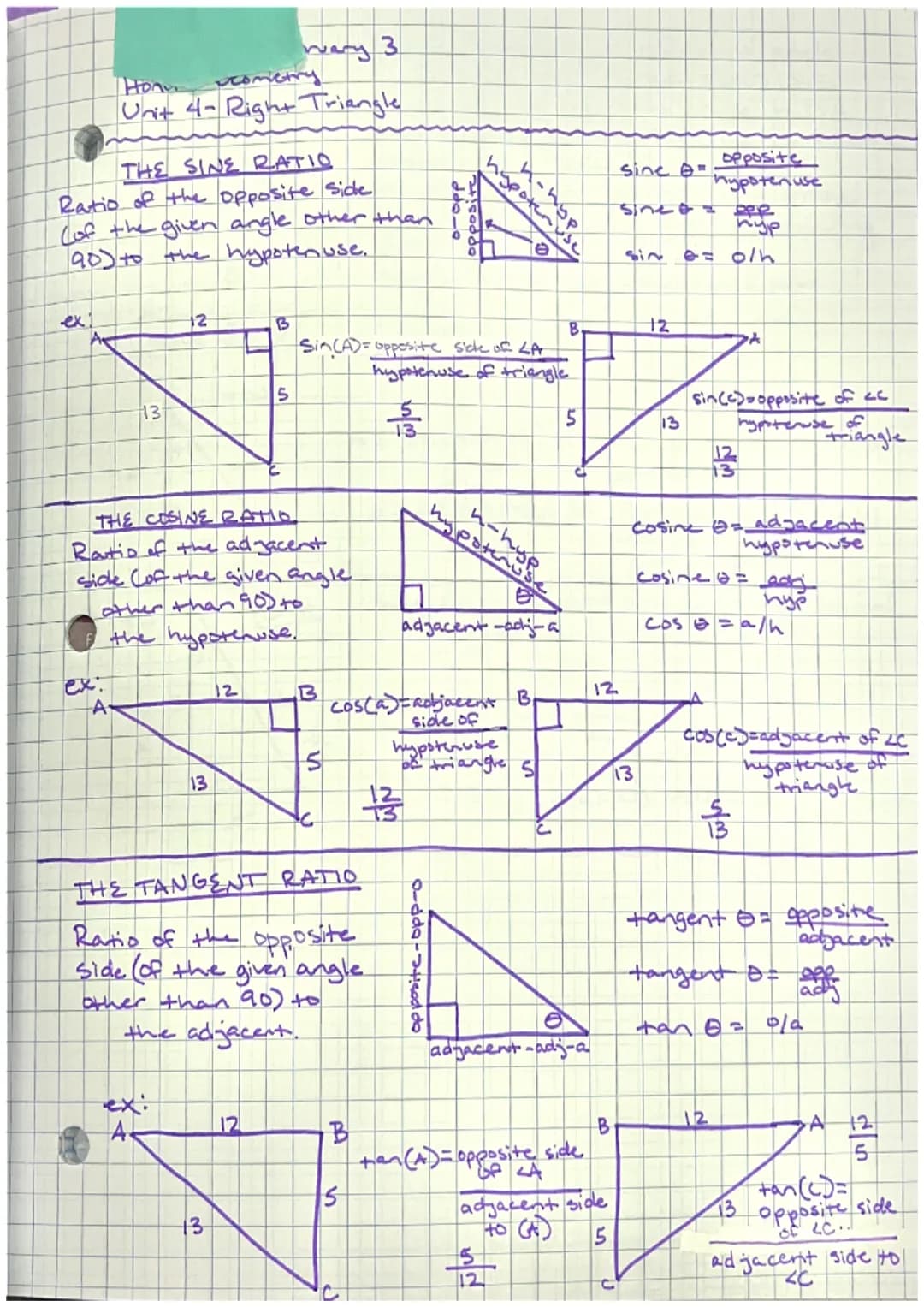 THE SINE RATIO
Ratio of the opposite side
(of the given angle other than in
90) to the hypoter use.
ex1
Wary 3
cometry
Unit 4-Right Triangle