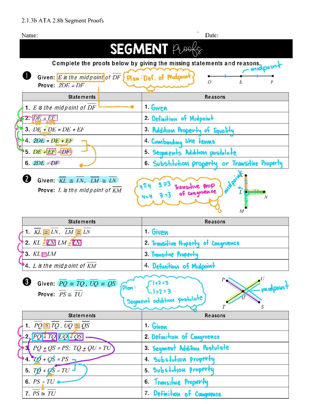 How to Complete Segment Proofs in Geometry - Step by Step, With Angles, and Worksheets with Answers