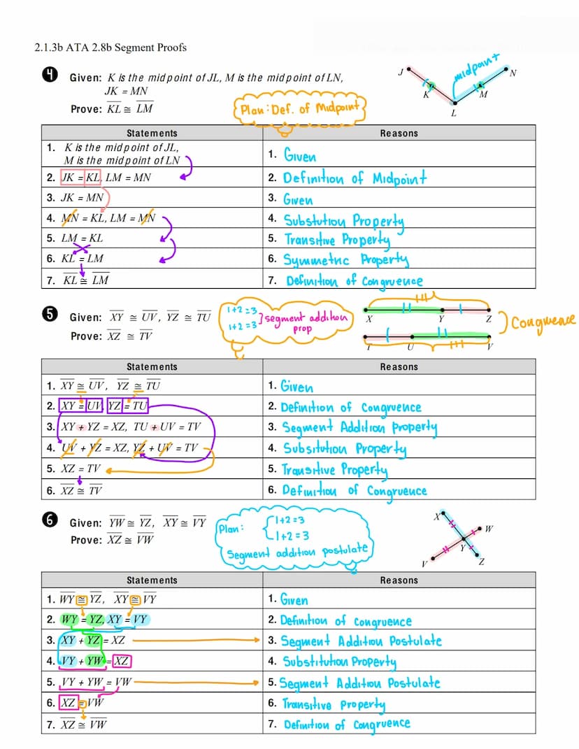 2.1.3b ATA 2.8b Segment Proofs
Name:
Statements
1. E is the mid point of DF
2. DE = EF
FDE
3. DE+DE = DE + EF
4. 2DE DE + EF
5. DE+EF=DF
6. 