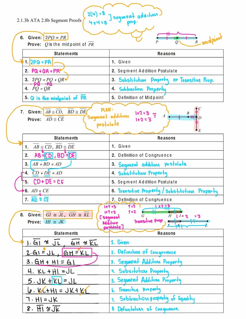 2.1.3b ATA 2.8b Segment Proofs
Name:
Statements
1. E is the mid point of DF
2. DE = EF
FDE
3. DE+DE = DE + EF
4. 2DE DE + EF
5. DE+EF=DF
6. 