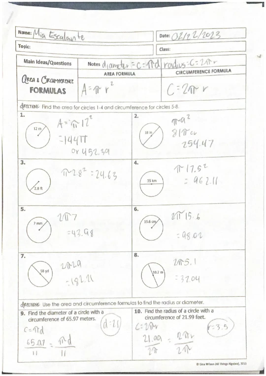 Area & circumference formulas