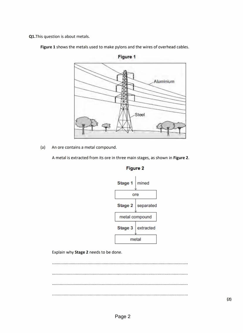Q1.This question is about metals.
Figure 1 shows the metals used to make pylons and the wires of overhead cables.
Figure 1
(a)
GPS
Steel
An 