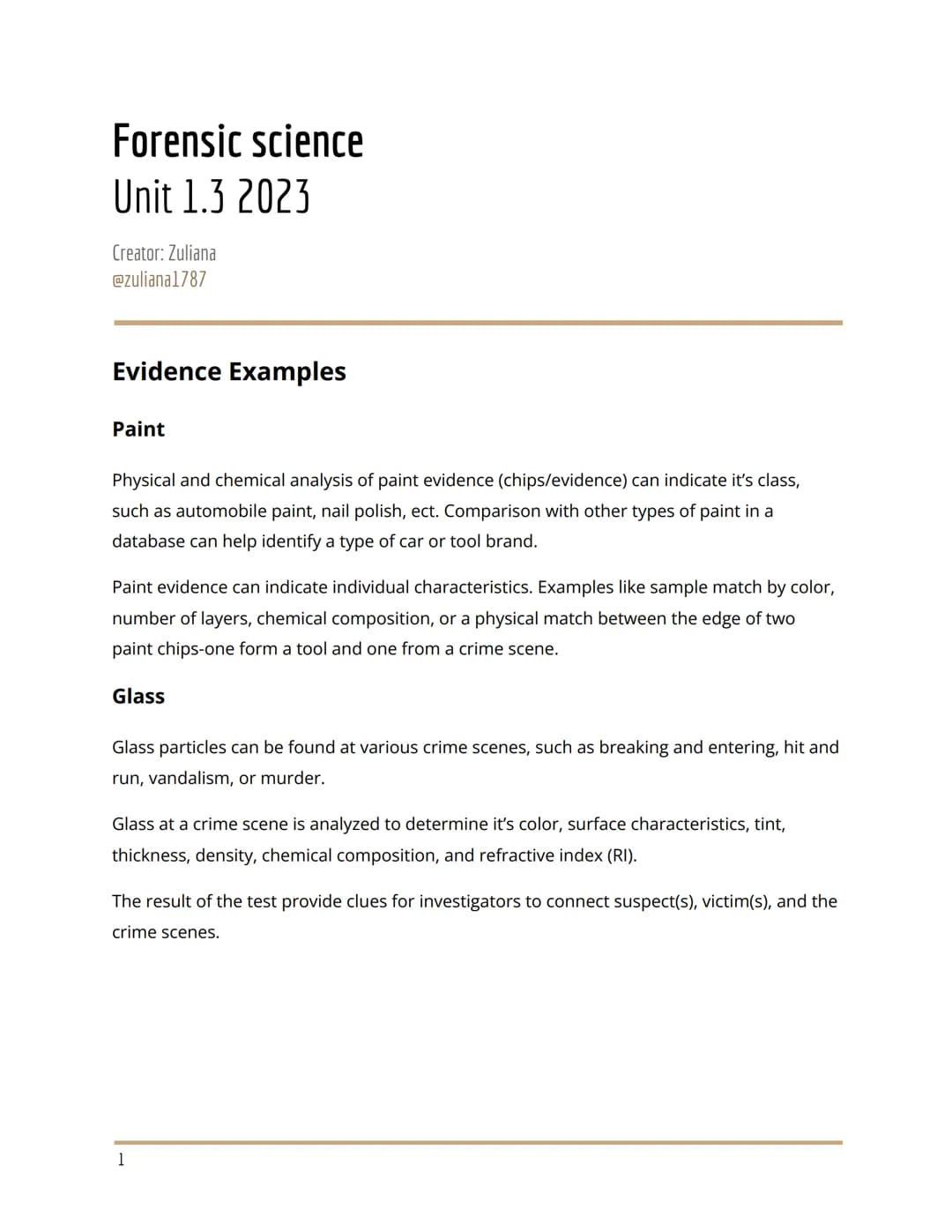 Forensic science
Unit 1.3 2023
Creator: Zuliana
@zuliana1787
Evidence Examples
Paint
Physical and chemical analysis of paint evidence (chips