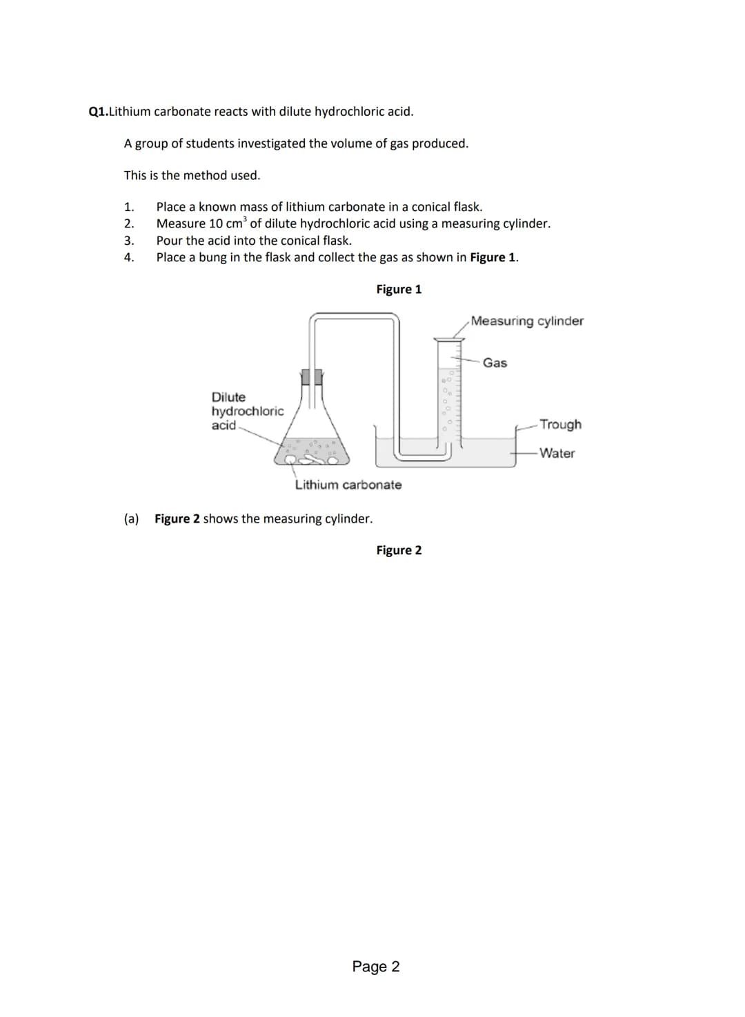 Q1.Lithium carbonate reacts with dilute hydrochloric acid.
A group of students investigated the volume of gas produced.
This is the method u
