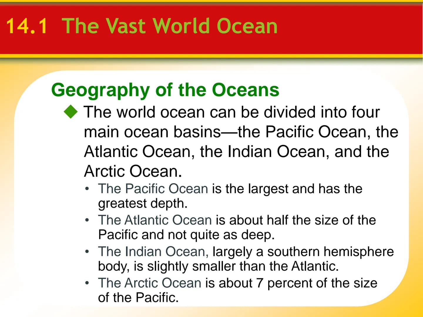 Chapter
14
The Ocean Floor 14.1 The Vast World Ocean
The Blue Planet
Nearly 71 percent of Earth's surface is
covered by the global ocean.
Oc