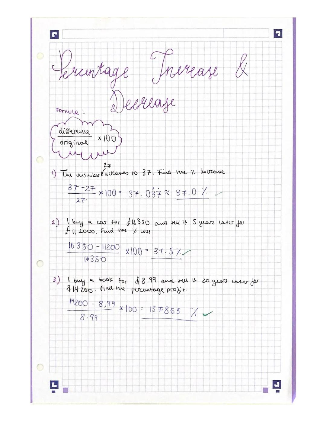 C
C
Prentage Inercase &
Decrease
Formule :
difference
original
ичиш
27
1) The number fucrases to 37. Find the % increase
•×100 37.037 ~ 3 7.