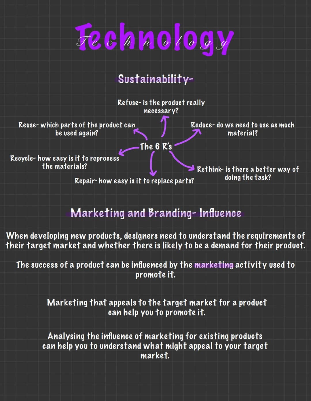 Fechnology
Sustainability-
Refuse- is the product really
necessary?
Reuse- which parts of the product can
used again?
Recycle- how easy is i