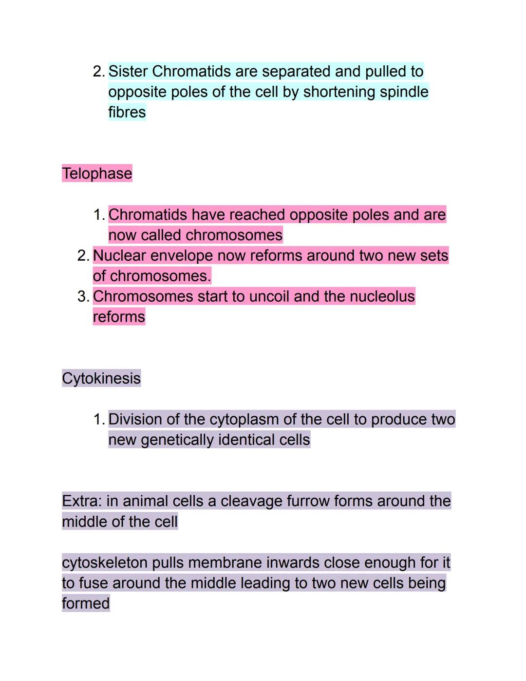 Mitosis + cytokinesis

Prophase

1. Nucleolus disappears and nuclear envelope
appears to break down
2. Centrioles move/migrate to opposite p