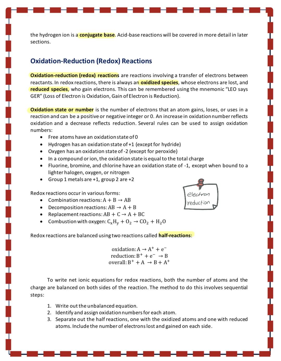 the hydrogen ion is a conjugate base. Acid-base reactions will be covered in more detail in later
sections.
Oxidation-Reduction (Redox) Reac