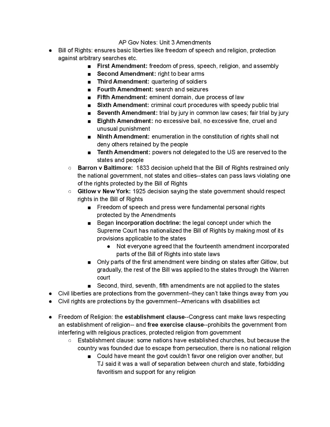 AP Gov Notes: Unit 3 Amendments and the Bill of Rights