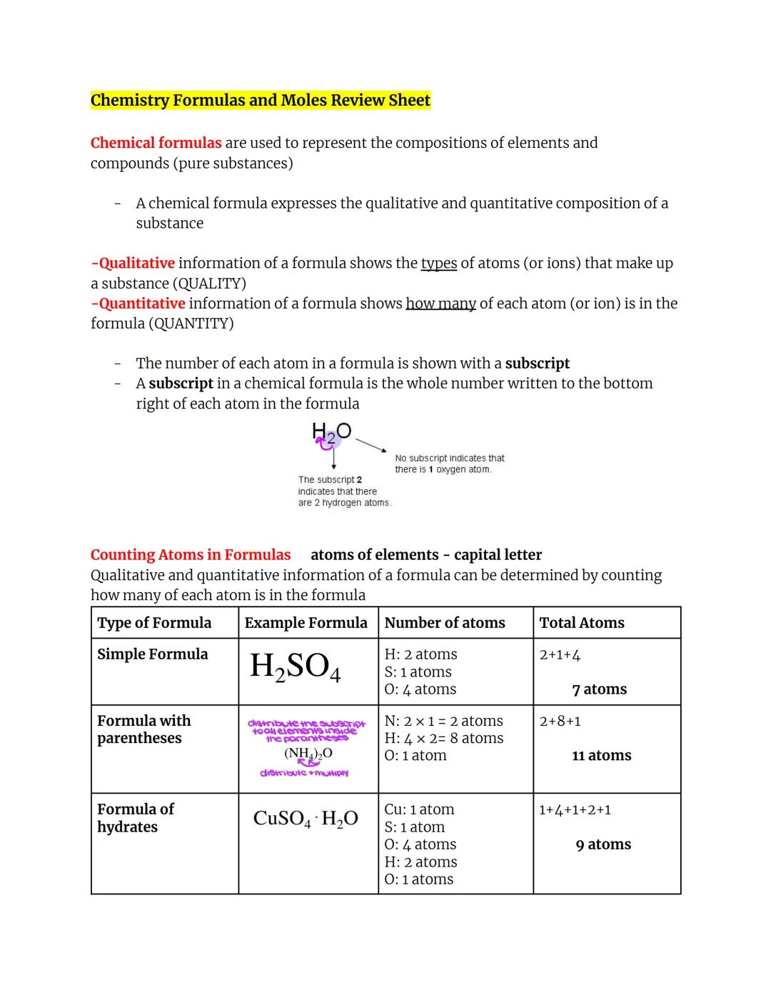 Chemical Formulas and Moles 