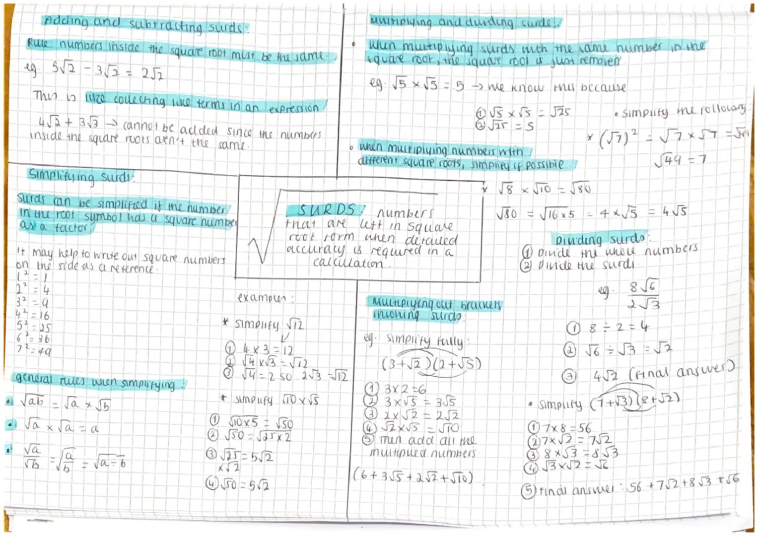 4
Adding and subtracting surds:
Rulle numbers inside the square root must be the same.
252
5√2-3√3
eg.
This is like collecting like terms in