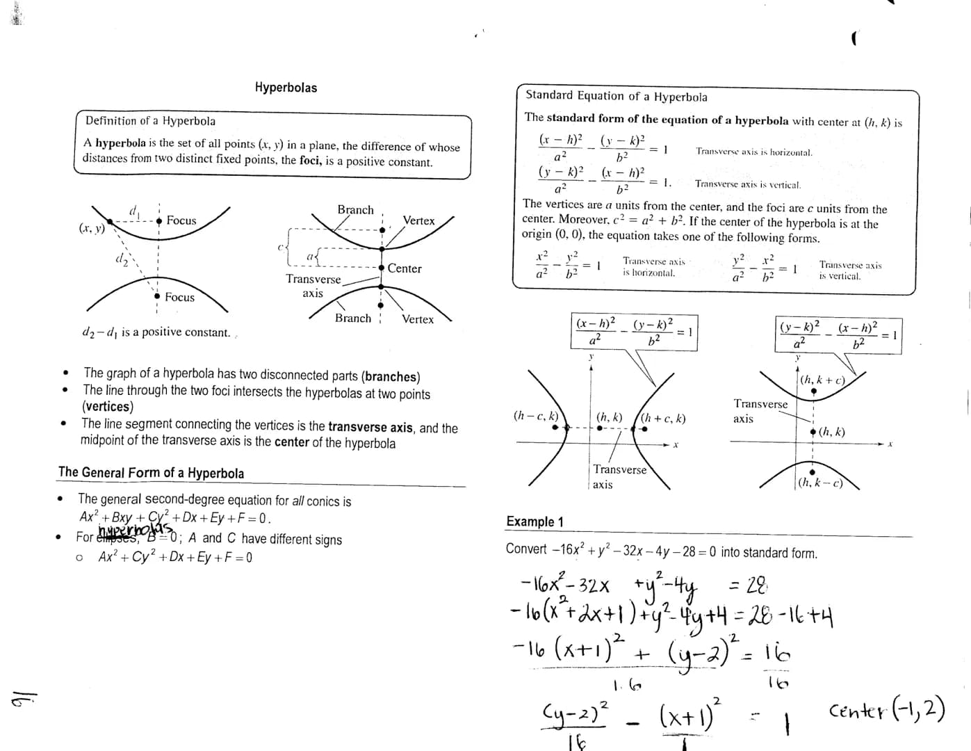 16
●
●
Definition of a Hyperbola
A hyperbola is the set of all points (x, y) in a plane, the difference of whose
distances from two distinct