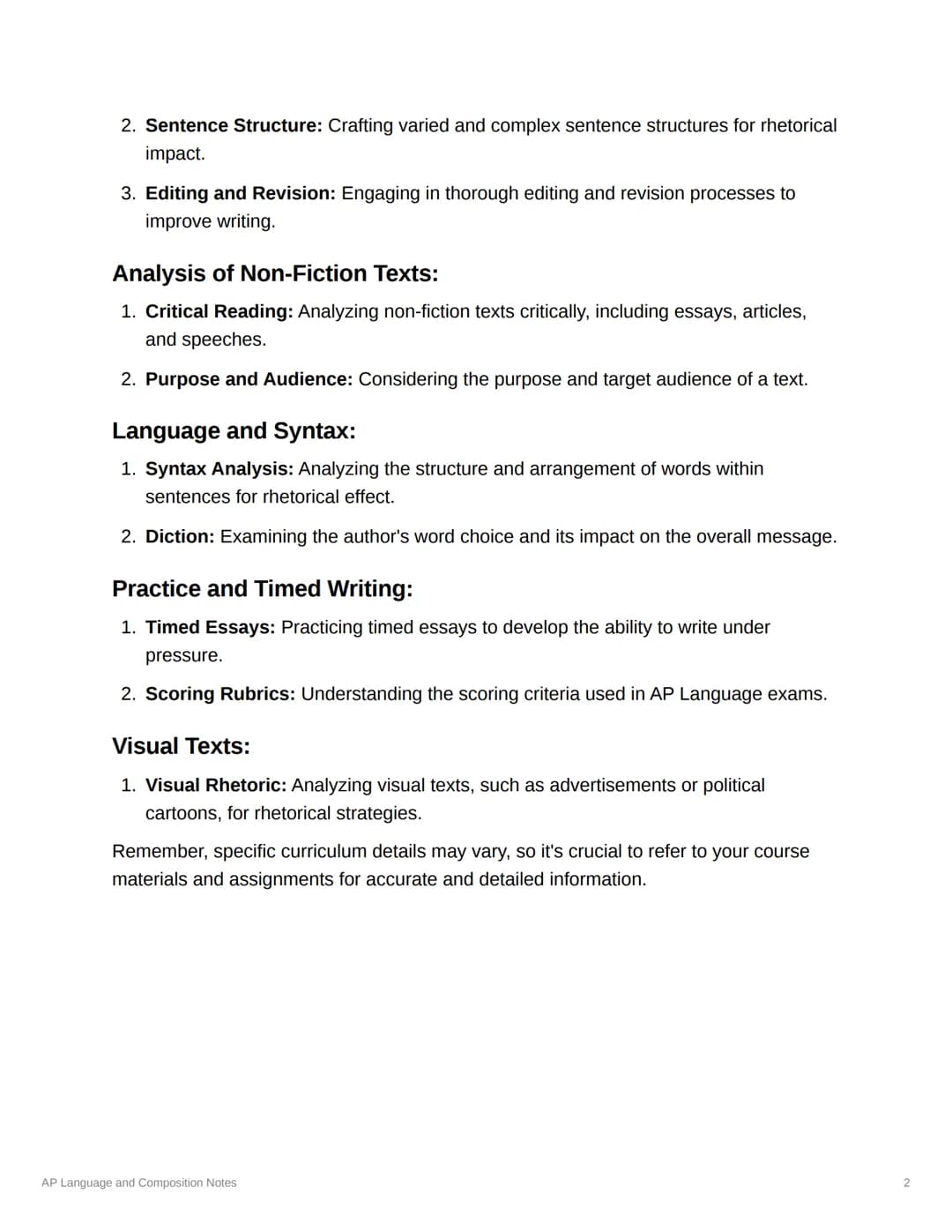 AP Language and Composition
Notes
Rhetorical Analysis:
1. Rhetorical Devices: Identifying and analyzing rhetorical devices such as ethos,
pa