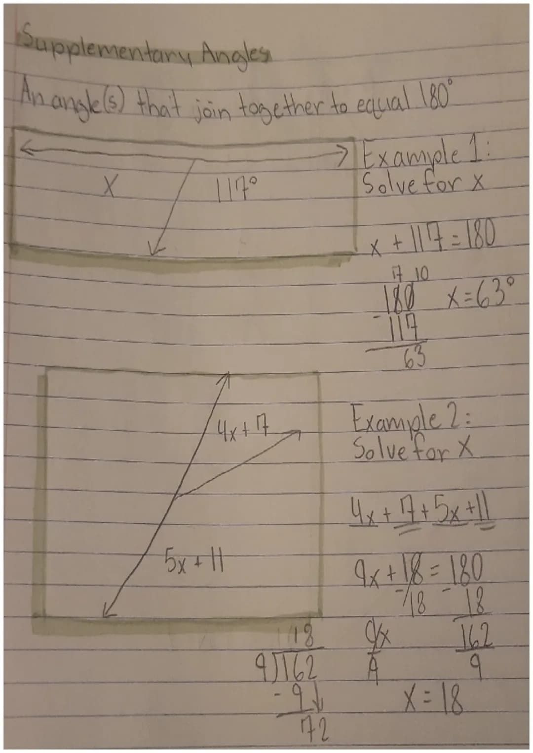 Complementary Angle
An angle(s) that join together to equal 10°
56°
6x +3
2x+²7
ZABC=630
M
3n-8.
Example 1: Solve for x
X = 34°
26-6=20°
40

