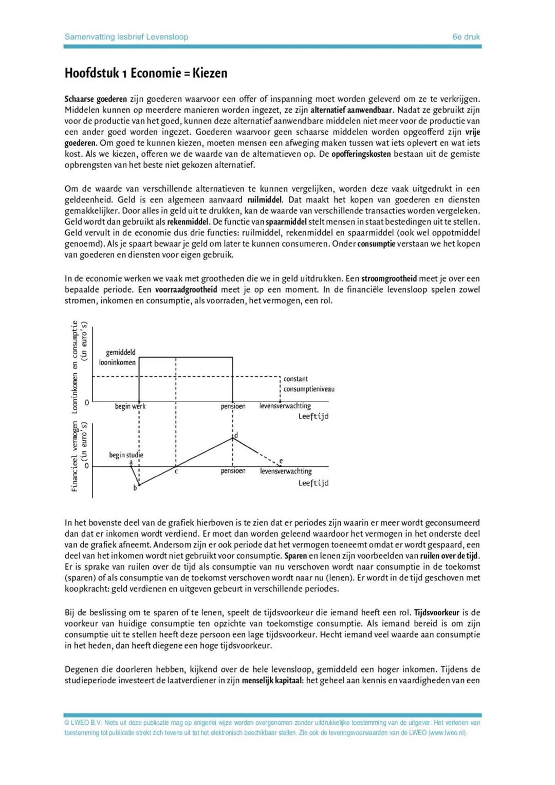 Samenvatting lesbrief Levensloop

Hoofdstuk 1 Economie = Kiezen

6e druk
Schaarse goederen zijn goederen waarvoor een offer of inspanning mo
