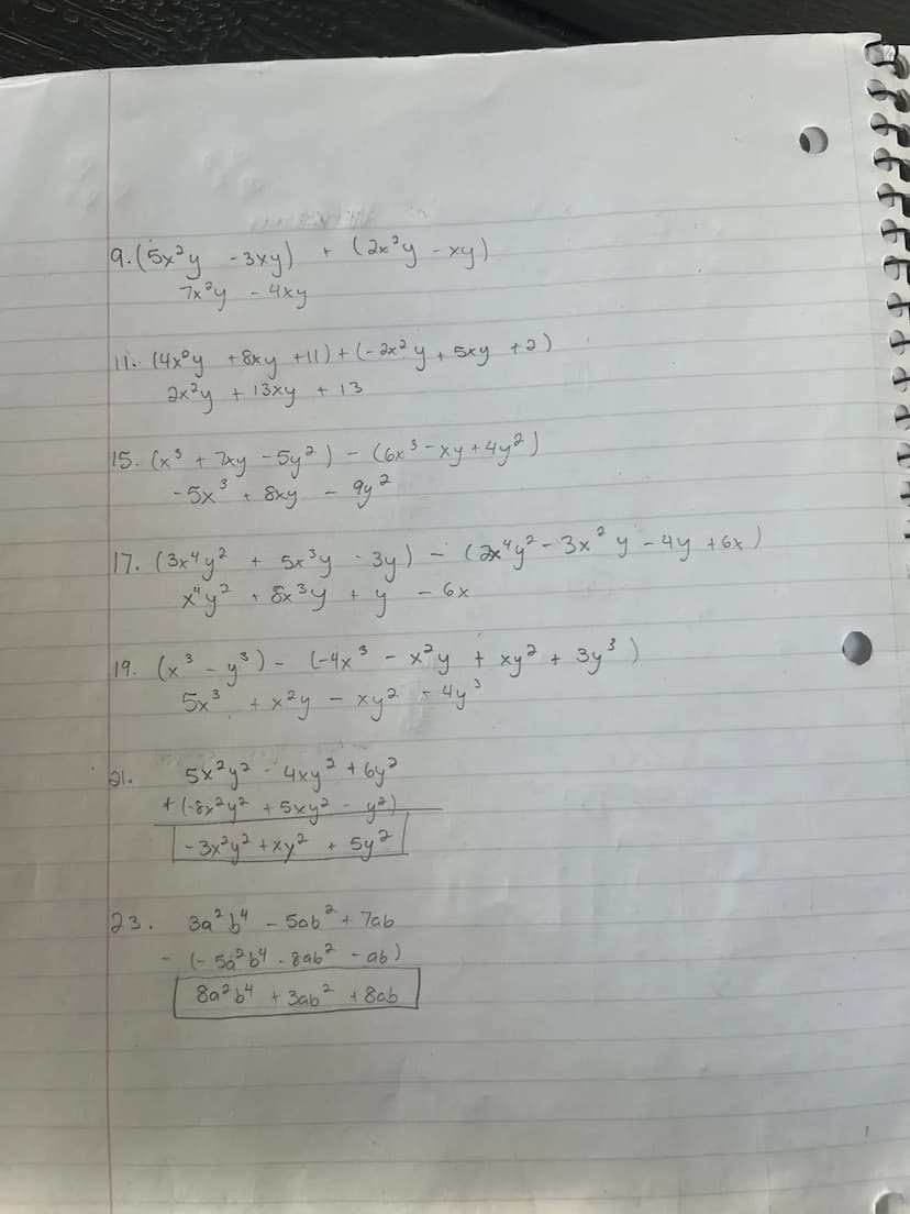 y=-3
1. x² + ²xy + y²
(2)² + 2(2)(-3) + (-3) ²
4 + 4 (-3) +9
4-12 +9
-8+9 =
3. xy³ - xy +1
(2)(-3) (2) (-3) +1
(2) (-27) + 6 +1.
-54 +6 +1
7
