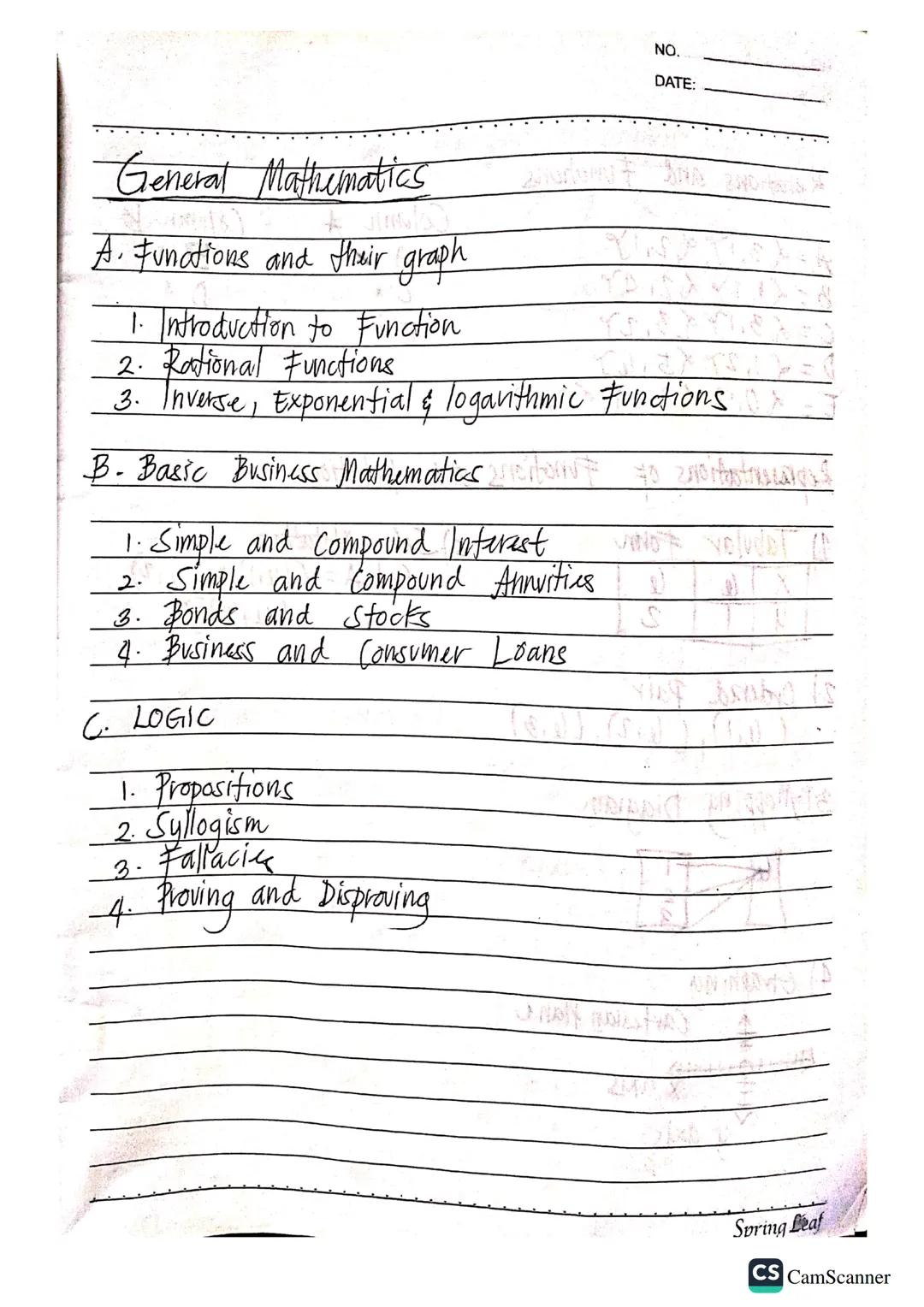 NO.
DATE:

General Mathematics

A. Funations and their graph

1. Introduction to Function
2. Rational Functions
3. Inverse, Exponential & lo