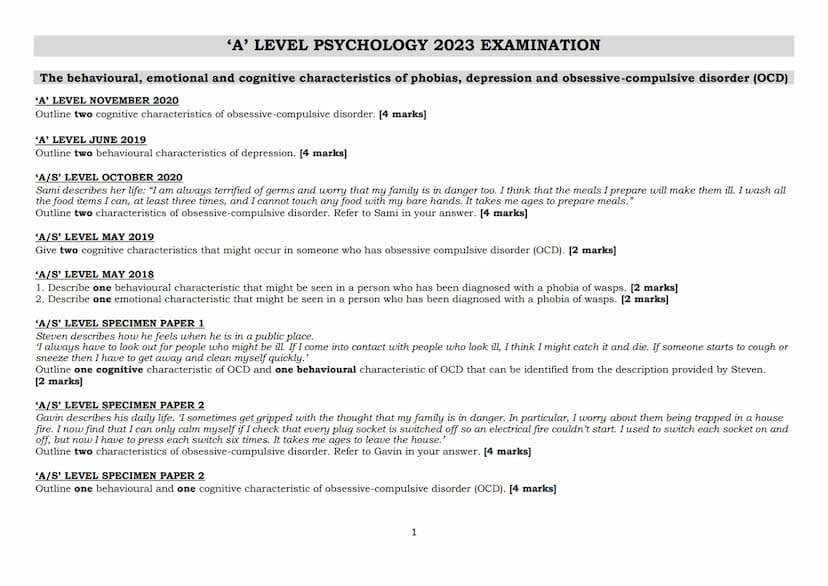 'A' LEVEL PSYCHOLOGY 2023 EXAMINATION
The behavioural, emotional and cognitive characteristics of phobias, depression and obsessive-compulsi