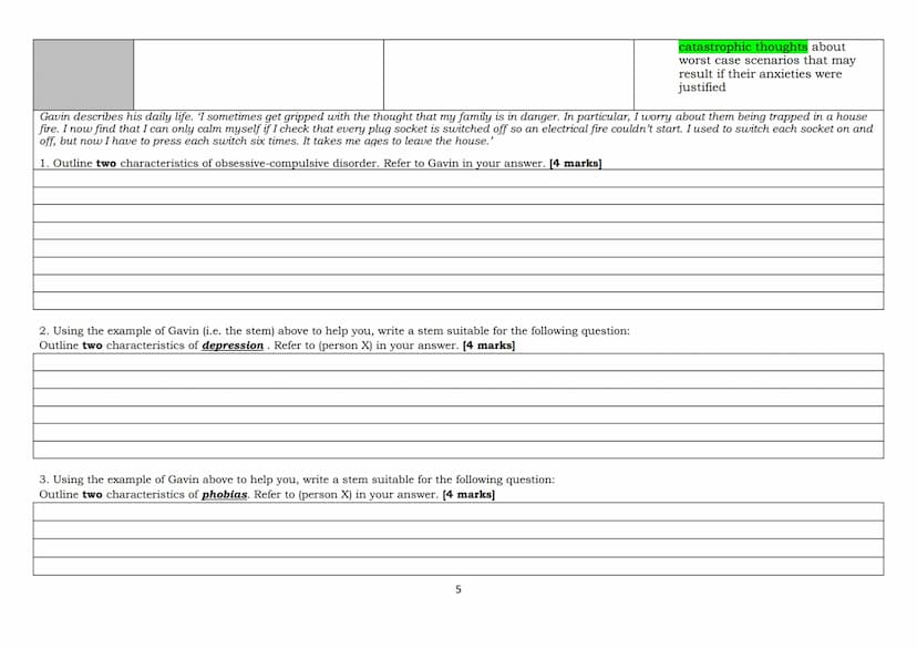 'A' LEVEL PSYCHOLOGY 2023 EXAMINATION
The behavioural, emotional and cognitive characteristics of phobias, depression and obsessive-compulsi