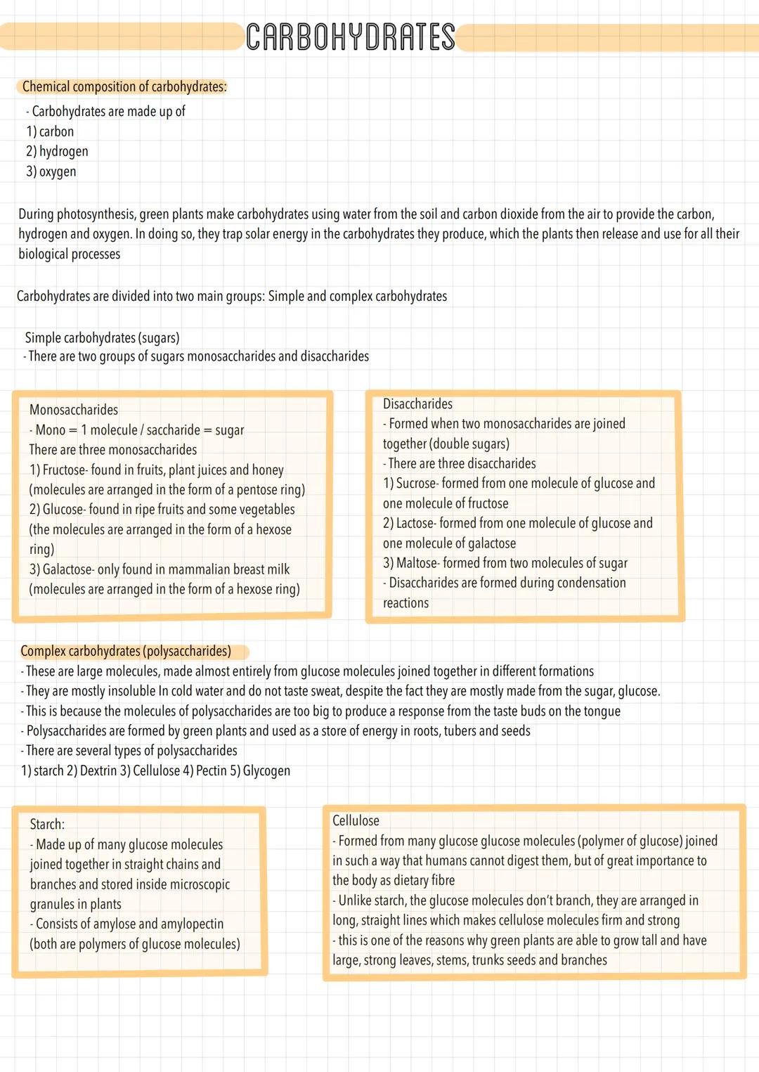 Chemical composition of carbohydrates:
- Carbohydrates are made up of
1) carbon
2) hydrogen
3) oxygen
CARBOHYDRATES
During photosynthesis, g