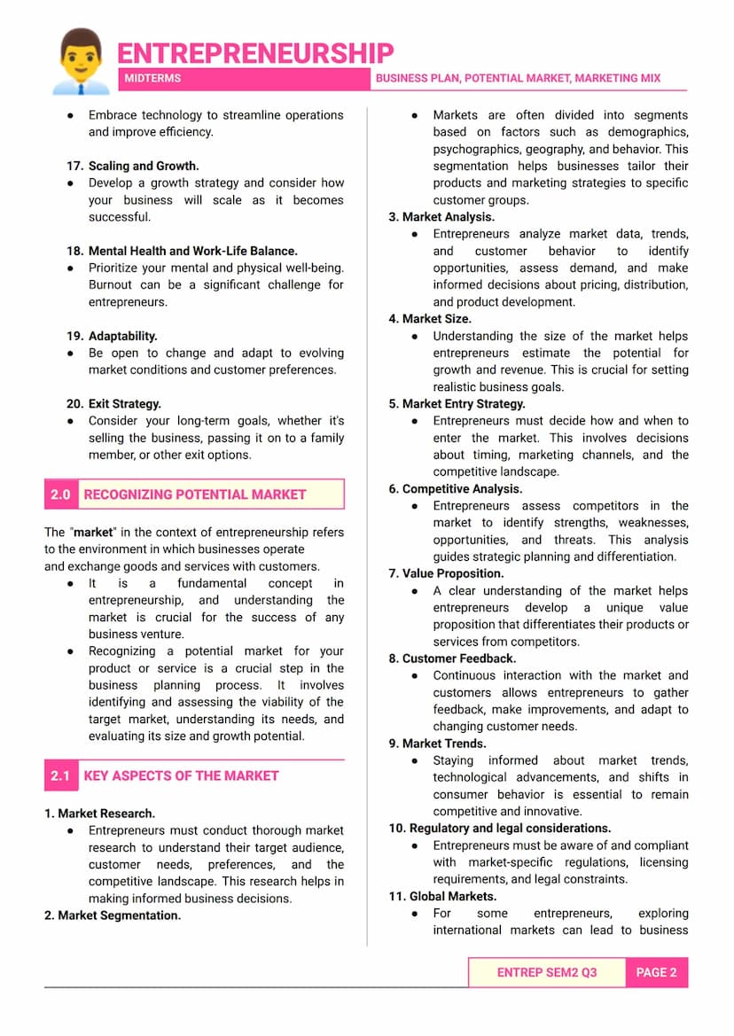 ENTREPRENEURSHIP
MIDTERMS
- SEM 2 Q3 MIDTERMS -
BUSINESS PLAN, POTENTIAL MARKET, MARKETING MIX
1.0 BUSINESS PLAN
• Developing a business pla